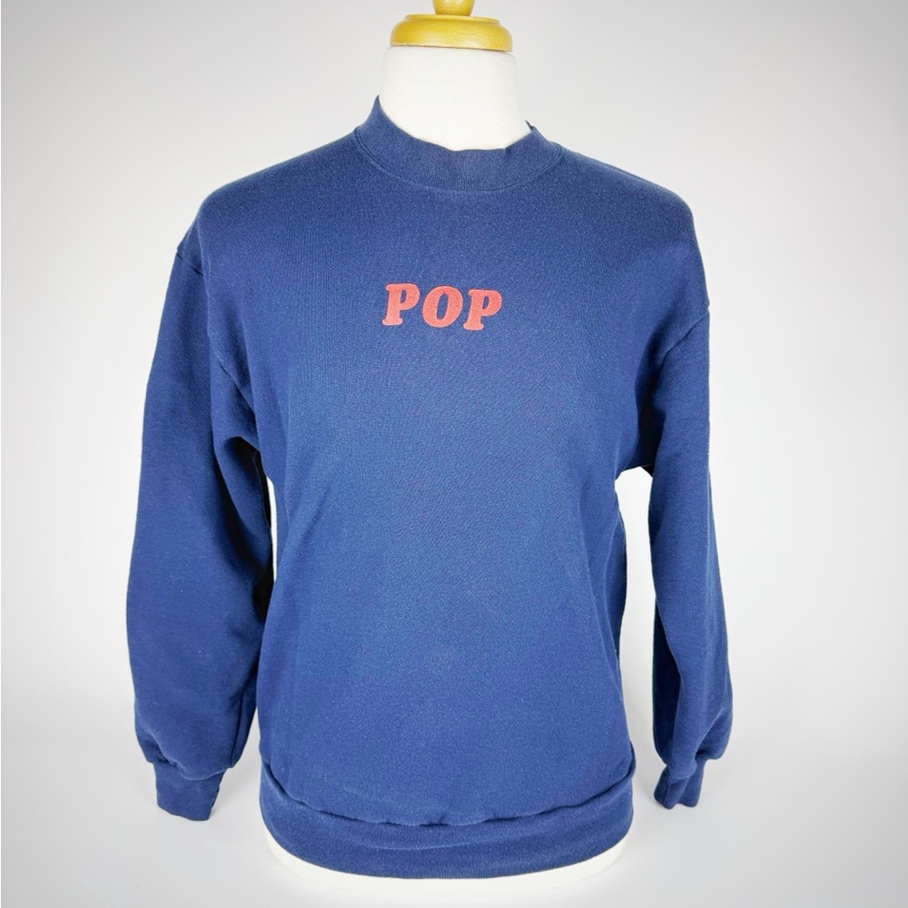 VTG “Pop” Pullover Jerzees Sweatshirt Navy Blue Men's Sz L Punk Skater 50/50 USA